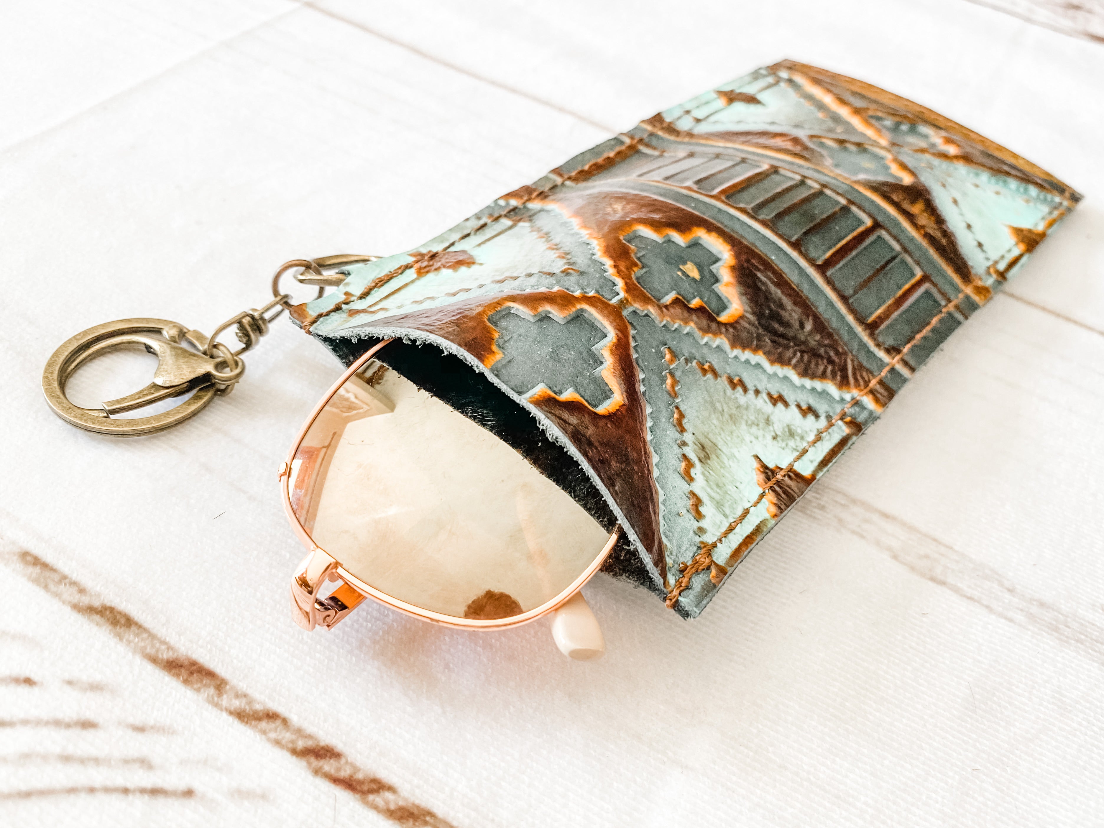 Embossed Leather Sunglasses Case Keychain - Blue Navajo