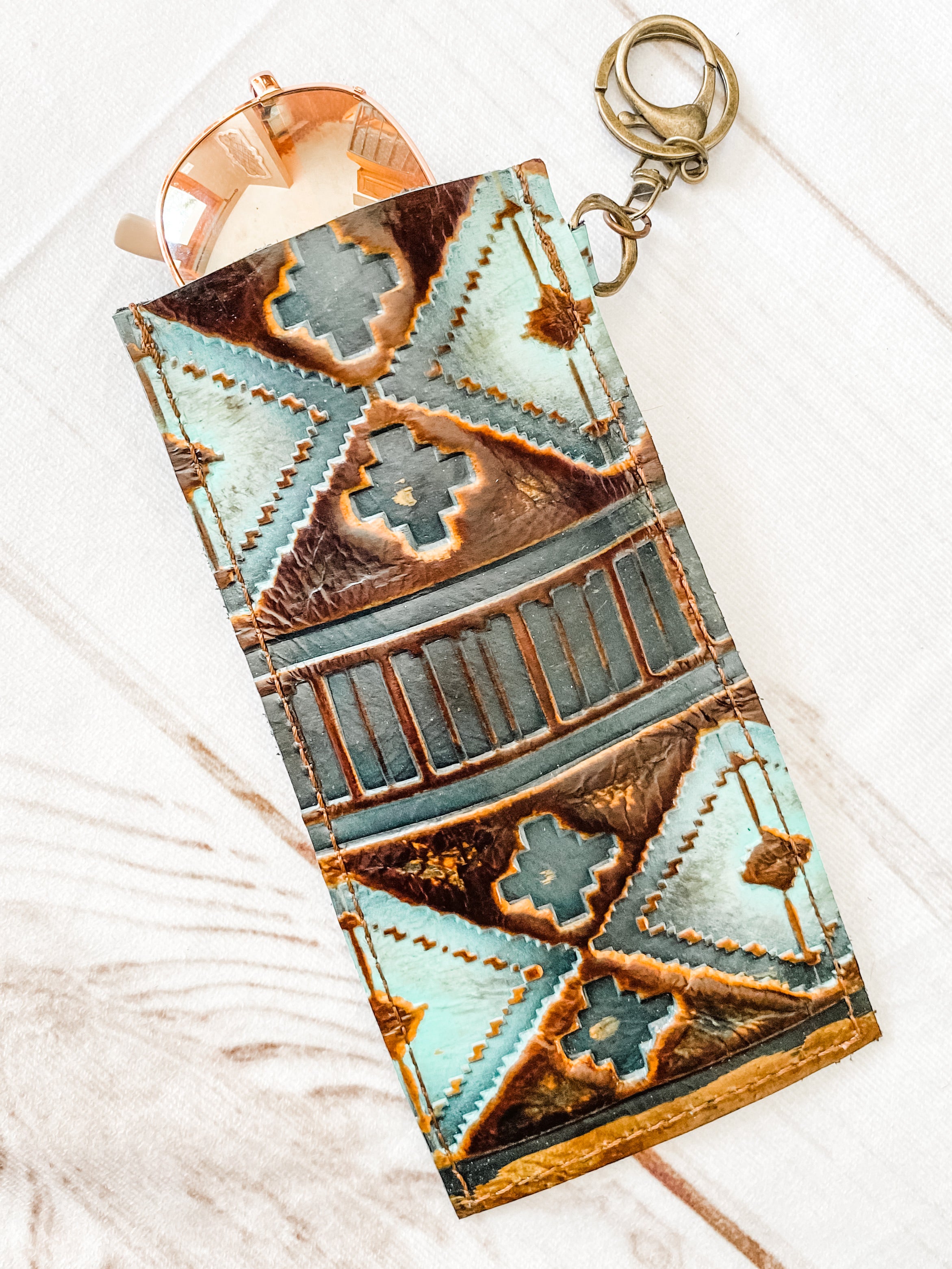Embossed Leather Sunglasses Case Keychain - Blue Navajo
